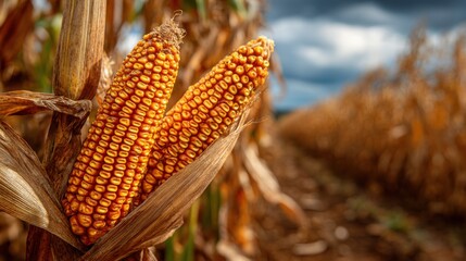 Golden corn cobs emerge from brown husks in a field. Dark clouds loom overhead in the late afternoon, creating a dramatic atmosphere as harvest season approaches.