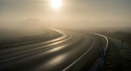 Ethereal road with a golden sunlight filtering through thick morning fog creating a serene journey