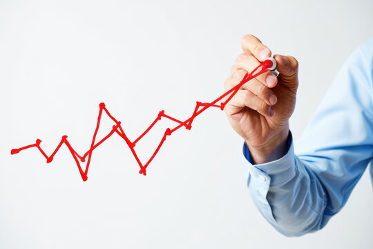 Hand Drawing a Fluctuating Red Line Graph on White Background Illustrating Market Volatility, Economic Trends, and Financial Analysis for Investment Strategies and Forecasting