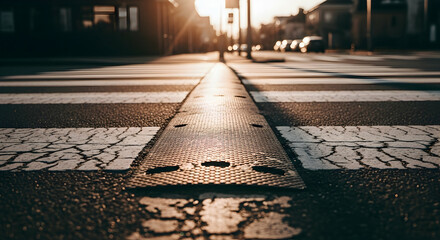 Evening Crosswalk Scene In Urban Setting With Zebra Lines And Cars In Background