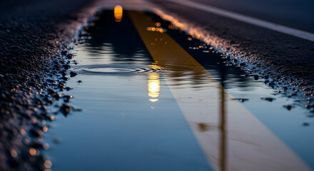 Evening Reflection Capturing Puddle's Liquid Mirror on Asphalt Road Surface