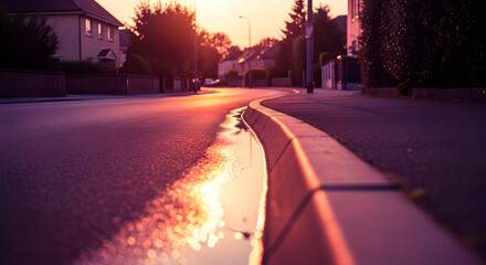 Evening Reflection On Curbside Street After Rain Showers In A Quiet Neighborhood