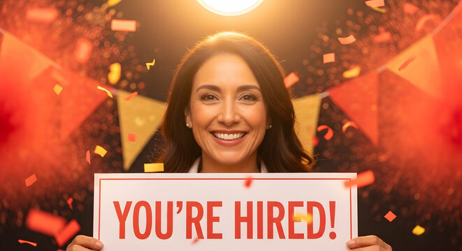 Excited New Employee Celebrates Job Offer With Confetti And Festive Decorations