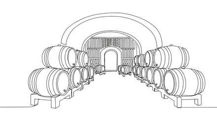 Wine cellar with barrels outlined in minimalist style on transparent background  