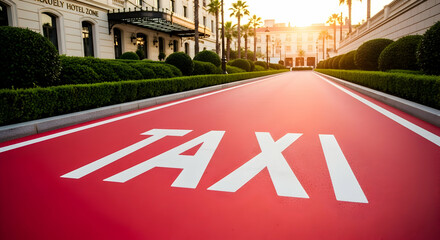Exclusive Taxi Zone at a Luxurious Hotel Entrance with Red Pavement and Greenery at Sunny day
