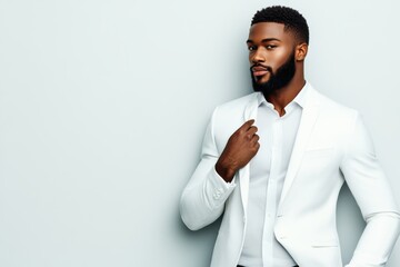 Stylish man in a white suit poses confidently against a neutral background while adjusting his collar
