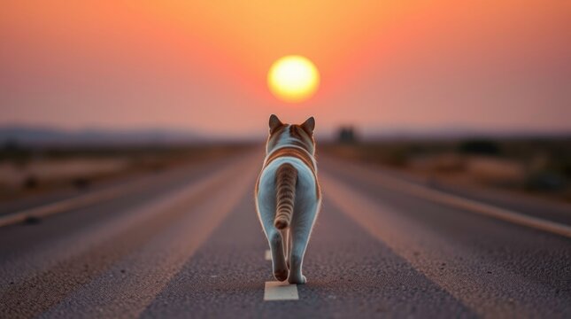 cat on the road sanset