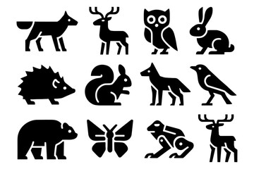 Silhouette animal icons collection: diverse wildlife set in simple black shapes