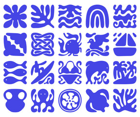 Trendy retro 70s-inspired abstract summer icons in bold blue. Set includes waves, rainbow, surfer, marine animals, plants, and beach elements. Hand-drawn organic style for modern design. © Colomba Rossa