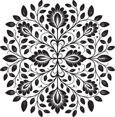 Black floral mandala with leaves and swirling vines white