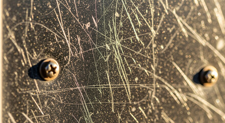 Extreme close-up showing the wear and tear of a scratched metal surface with screws