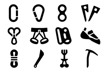 Rock climbing gear icons: monochrome silhouette set for outdoor adventure designs