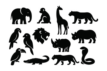 Fototapeta premium African wildlife silhouettes featuring diverse animals on white background