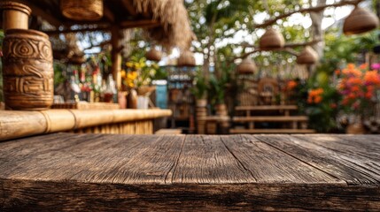 Rustic wooden counter in the foreground, tiki bar with bamboo accents and blurred tropical decorations in the background, daylight