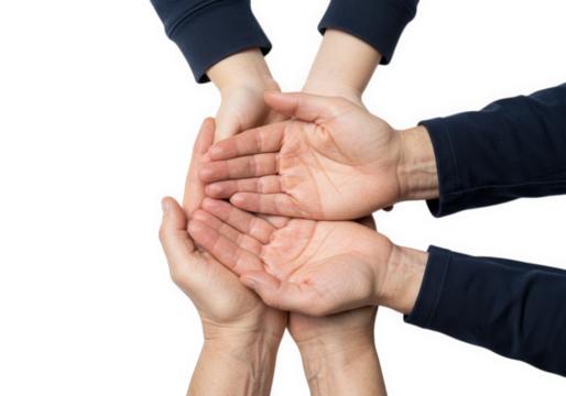 A group of hands are stacked on top of each other isolated on transparent background