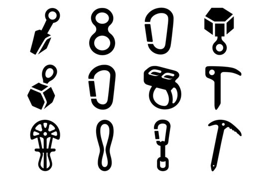 Essential mountain climbing equipment icons in bold silhouette style