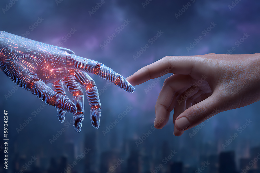 Poster a hyperrealistic digital rendering of a human hand and a robotic hand reaching towards each other fi