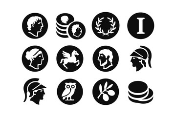 Ancient greek icon set featuring mythical symbols and profiles
