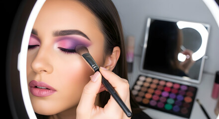 Eye Shadow Applying By Professional Makeup Artist For Beautiful Brunette Woman