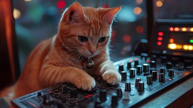 Orange cat playing with DJ mixer at night in a cozy setting with colorful lights