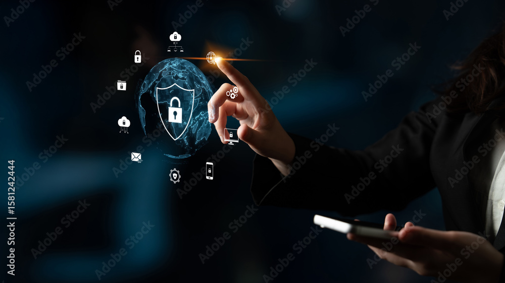 Poster cyber security protects against breaches, hacks, and network attacks using strong infrastructure and