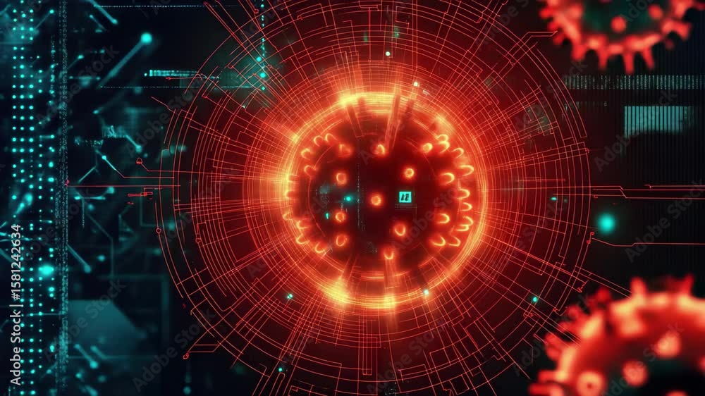 Poster visual representation of virus structure intertwined with digital elements and data in a futuristic 