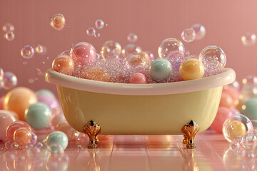Pastel bath bubbles and balls a dreamy scene