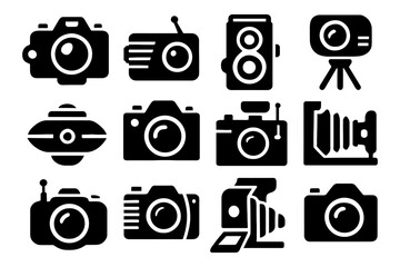 Vintage camera icons collection in black silhouette style for photography enthusiasts
