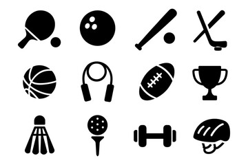 Obraz premium Set of black sports icons: ping pong, basketball, fitness, more