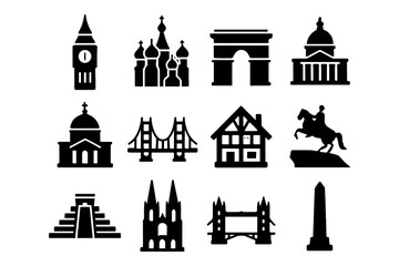 Famous monument silhouettes from around the world in black and white