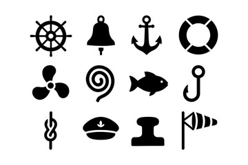 Nautical icon set featuring maritime symbols in simple style