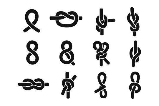 Collection of black knot icons: variety of rope knots in flat design