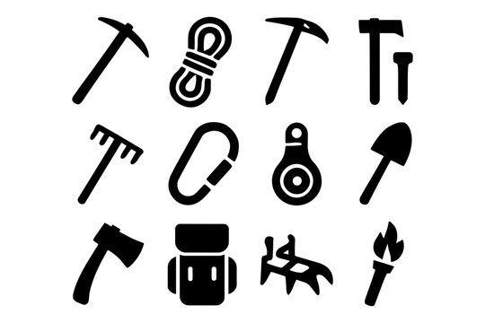 Silhouette icons of essential mountaineering tools and equipment for adventure enthusiasts