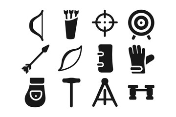 Obraz premium Archery and gym equipment icons set in bold silhouette style