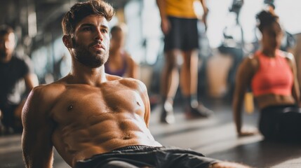 Muscular guy doing sit ups at gym with other people in background. Young athlete doing stomach workout in modern gym. Handsome fit man doing crunches at gym., no logos, no brands