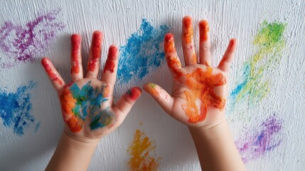 close-up children's hands leave prints with multi-colored paint on a white wall