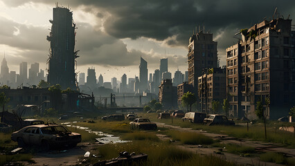 Post-apocalyptic cityscape with abandoned cars and ruined buildings under dark, stormy skies, depicting destruction, decay, urban collapse, disaster, and survival in a dystopian world