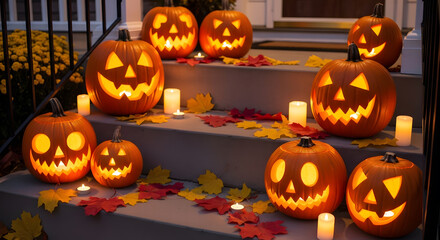 Halloween decorated pumpkins with candles and autumn leaves on porch steps, creating a festive and spooky atmosphere for the holiday celebration