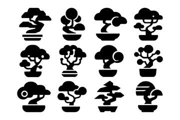 Minimalist bonsai tree icons in silhouette style for nature and zen themes