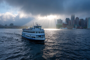 A large white and blue passenger ferry navigates dark blue water towards a cityscape under a dramatic cloudy sky sunbeams breaking through