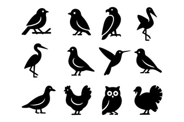 Obraz premium Silhouette collection of various birds: stylized avian icons for design