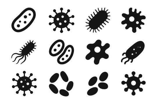Black silhouette microorganisms set: bacteria and virus icons in simple style