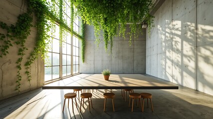 Modern minimalist interior with hanging plants and concrete walls