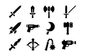 Obraz premium Collection of black silhouette weapons icons including swords, axes, and guns