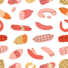 Sausages pattern. Fresh raw sausages. Butchery menu design template for food market, ecommerce, products promotion. Vector illustration.