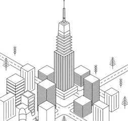 Isometric city skyline with tall skyscraper and trees buildings