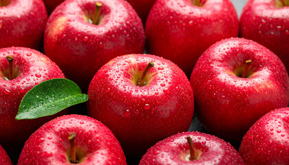 Red apples with water drops. Fresh and tasty fruit. Organic product. Apple background.