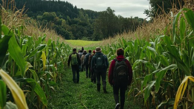 Group of people walking through a cornfield during autumn morning in a rural area