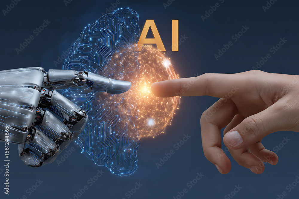 Fototapete a metallic robotic hand and a human hand reaching towards a glowing digital brain representation wit