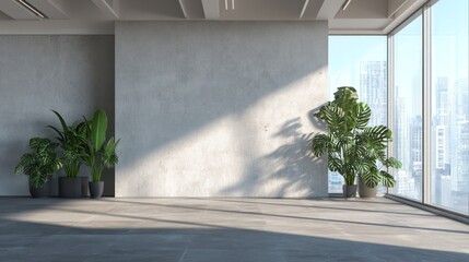 Modern Minimalist Office Space with City View and Lush Greenery